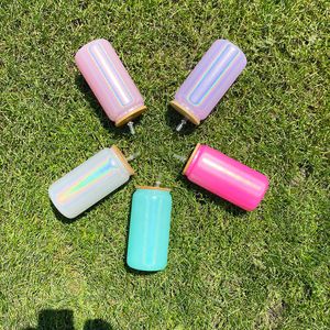 Wholesale Bulk free shipping Rainbow 16oz Holographic Shimmer glitter blank sublimation soda beer coffee glass can with bamboo lids For Heat Press Printing