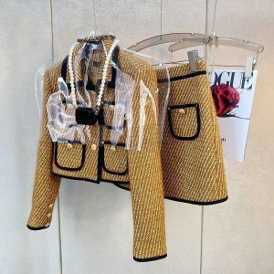 Conjunto de saia de designer de luxo das mulheres conjunto outono cardigan casaco saia curta avançado de duas peças saias retro terno conjunto de tweed