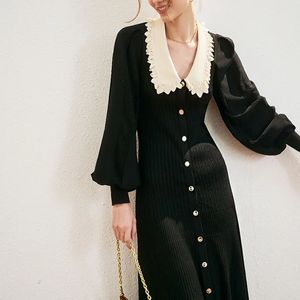 Hollow Long Sleeve Button Slit Knitted Long Dress Fall French Temperament Elegant Hepburn Small Fragrance Fashion Clothing 240124