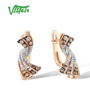 Charm Vistoso 14K 585 Lady Glamoor Farkling Beyaz ve Kahverengi Pırlanta Küpe Nişan Güzel Takı için Gül Altın Küpe