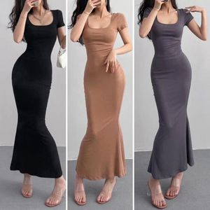 Casual Dresses Pink Mermaid Women Sexy Square Collar French Style Vintage Summer Ladies Temperament Slim Ankle-length Fashion Ulzzang C