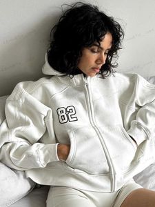 Erkek Hoodies Sweatshirts Vintage Street Büyük Boyu Stil Nakış Beyaz Hoodies Rahat Gevşek Fermuar Ceket Uzun Kollu Harajuku T240126