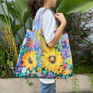 Shopping Bags Trendy Oil Painting Flower Pattern Tote Bag Foldable Large Capacity Shoulder Perfect