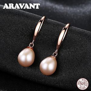 925 Sterling Silber Rose Gold Tropfen Ohrringe für Frauen Süßwasser Perlen Ohrringe Hochzeit Schmuck Weiß Rosa Lila 240126