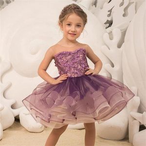 Girl Dresses Purple Flower Dress For Wedding Tulle Applique Sleeveless Knee Length Kid Birthday Party Princess First Communion Ball Gown