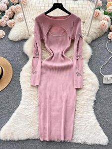 Casual Dresses Women Retro Chic Elegant Bow Hollow Long Sleeve Bodycon Dress Sexy Fashion Knit Slim Hip Wrap Sweater Vestidos Autumn