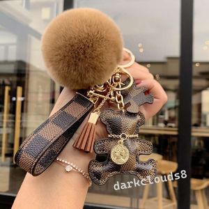 Bear keychain for women pompom Plush car key decorative pendant accessory girls like classic grid metal buckle ring checkerboard