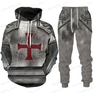 Мужские спортивные костюмы Осень Новые мужские ретро Толстовка Knight Templar Armor 3D Печатные мужские толстовки Спортивная одежда для отдыха спортивные штаны Комплект из двух предметов Костюм T240126