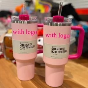 PINK Flamingo 40 onças Quencher H2.0 Canecas de café Copos ao ar livre acampamento viagem Copo de carro Copos de aço inoxidável com alça de silicone Presentes de Dia dos Namorados Estoque nos EUA