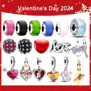 2024 Valentinsdag Ny 100% Sier Högkvalitativ original Mini Murano Glass Shiny Pave Black Charm Diy Armband