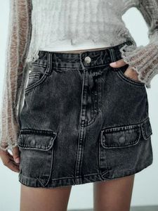 Kjolar vintage safari stil denim mini kjol för lady fritid flera fickor design streetwear 2024 chic short