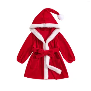 Ceketler 2024 0-4y Bebek Kızlar Noel Paltolar Robe Toddler Kırmızı Uzun Kollu Kürküt Renk Renkli Kapşonlu Velvet Boşluklu Kemer