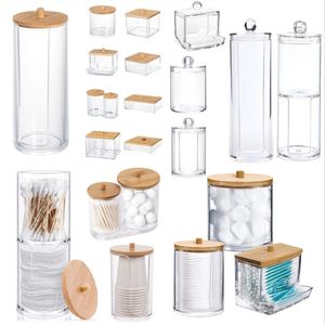 Acrylic Makeup Organizer Cotton Pad Storage Box For Swabs Rod Cosmetics Jewelry with Bamboo Lid Repacking Boxes 240125