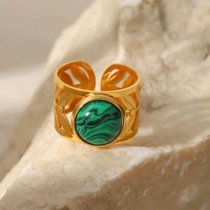 Band Rings Uworld 18k Gold Plated Hollow Leaf Adjustable Round Green Malachite Stainless Steel Opening Ring Anillos Mujer 240125