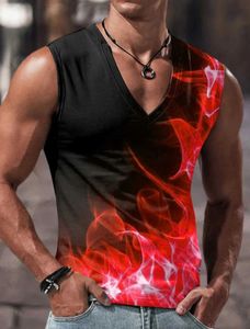 Men's T-Shirts Vest Sleeveless T Shirt Patterned Spliced Flame Shirt Casual Muscle V Neck Clothing 3D Printed Sports Running Fitness T240126