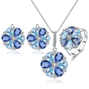 Zestawy balet klejnot naturalny kwarc niebo niebieski zestaw biżuterii Topaz 925 srebrne kolczyki kwiatowe Zestaw Pierścienia