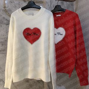 Женские красные шерстяные толстовки с вышивкой в форме сердца и стразами, вязаный свитер, дизайнерский топ на открытом воздухе