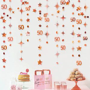 Rose Gold 50th Birthday Banners Decorations Number 50 Circle Paper Star Garland Hanging Anniversary Fiftieth Party Supplies 240124
