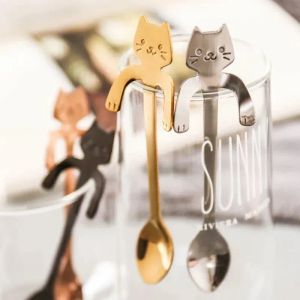 Cucchiaino da tè in acciaio inossidabile Mini Cat Manico lungo Cucchiaio creativo Utensili da cucina Gadget da cucina Posate Stoviglie all'ingrosso 0126