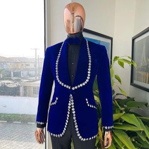 Blue Rhinestones Wedding Tuxedos Slim Fit Velvet Mens Suits Shawl Lapel Blazers One Button Formal Suit Only Jacket