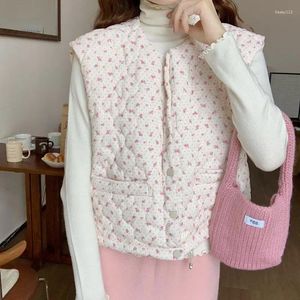 Women's Vests Gentle Sweet Floral Cotton Vest Women Autumn Winter Fashion O Neck Sleeveless Jacket Office Lady Casual Streetwear Outwear