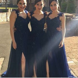 2024 Dark Navy Blue Long Country Bridesmaid Dress Elegant Side Slit Chiffon Lace Women Wear Formal Maid of Honor Dress For Wedding Party Gown