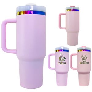 Travel water bottle stainless steel pink purple powder coated BPA free 40oz rainbow plated H2.0 quencher coffee tumbler with lid and straw for laser engraving