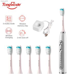 Escova de dentes tongwode ultra sônica escova de dentes elétrica carregamento sem fio ipx7 à prova dwaterproof água cabeças substituição clareamento dentes temporizador inteligente 6 escova