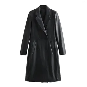 Женское кожаное женское модное пальто с эффектом искусственного меха, винтажное двубортное пальто с длинными рукавами и карманами, универсальная повседневная женская верхняя одежда, шикарные топы