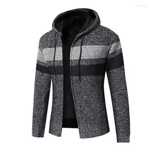 Maglioni da uomo Moda Inverno Cardigan con cappuccio da uomo in pile caldo maglione lavorato a maglia da uomo maglieria a righe cerniera uomo casual