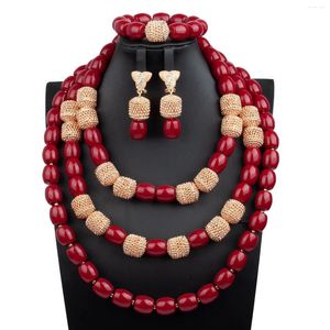 Necklace Earrings Set 3Rows Red Coral Bracelet Nigerian Dubai Wedding African Bridal Beads Jewelry For Women