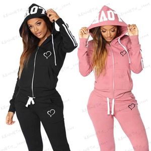 Herrtröjor tröjor kvinnor spårdräkt två stycken set outfits söta hjärttryckt sportkläder blixtlås tröja jogger hoodies+byxor casual sport kostym t240126