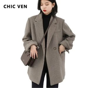 CHIC VEN Autumn Winter Korean Women Woolen Blazer Cotton Lining Thick Warm Jacket Solid Color Coat Female Woman Office Lady Tops 240122
