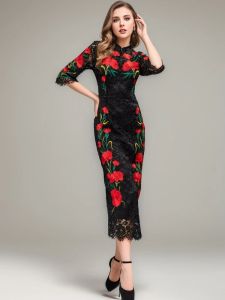 New Ladies Autumn High Quality Fashion Slim Unique Lace Embroidered Vintage Sexy Chic Elegant Party Celebrity Black Pencil Dress