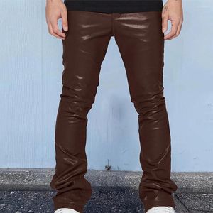 Calça masculina mensal casual em couro falso impresso no meio da cintura slim retro punk hip hop masculino fixo elástico calças de boate