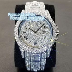 Orologi da polso Orologio da uomo con diamanti Moissanite completo con data di giorno per orologio da polso al quarzo argento di lusso Hip Hop ghiacciato