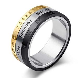 Band Rings Men Titanium Steel Punk Rotatable Spinner Date Time Calendar Roman Numerals Finger anxiety fidget Ring Fashion Party for women 240125