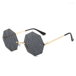 Óculos de sol poligonal feminino personalizado sem moldura metal gradiente quadro engraçado aranha web óculos gafas de sol uv400