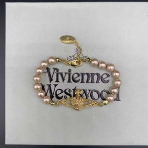 Designer Viviane Westwood Empress Dowager Xi's Classic Full Diamond Saturn Pink Pearl Bracelet Female Punk High Edition Handicraft