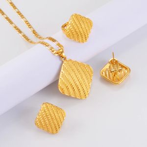 Square Heart Ethiopian Jewelry 14k Yellow Gold Set Pendant Necklaces Earrings Rings African Eritrean Habesha Dubai Weeding Gifts
