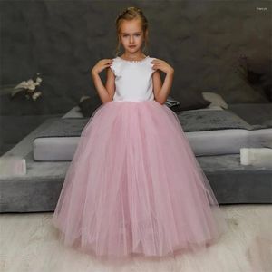 Girl Dresses Glitter Pink Flower Dress For Wedding Pearls Sleeveless Tulle Puffy Backless Child First Eucharistic Birthday Party