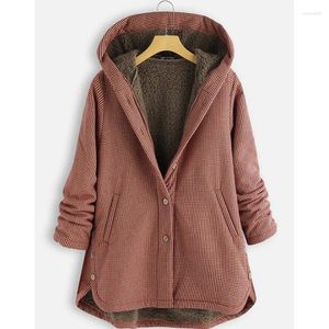 Kvinnorjackor Autumn och Winter Plaid Coat Button Solid Hooded