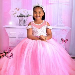 African Pink Flower Girl Dresses Sheer Neck Appliqued Lace Tiered Bow Tulle Flowergirl Dresses Princess Queen Girls Birthday Party Dress for Marriage F061