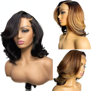 Parte livre cabelo peruano curto bob pixie corte perucas para mulheres peruca dianteira do laço preto 4 27 loira destaque peruca onda solta 360 peruca dianteira do laço completo