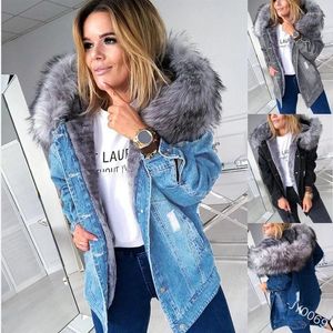 Jaquetas femininas europeias e americanas retro com capuz grande gola de pele jaqueta jeans elegante casual quente comprimento médio rasgado angustiado