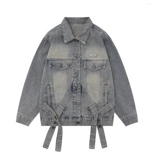 Herrjackor Lacible Multi Pockets Ribbons Denim Jacket 2024 Säljer tvättad rock Spring Autumn Lapel Men Women Tops