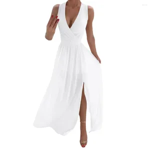 Casual Dresses A-Line Waisted Sleeveless White Dress Ladies Deep V Neck Pleated Prom Simple Style Wrap Split Long Maxi Vestidos