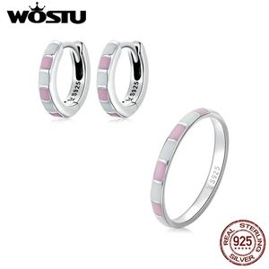 Charm Wostu Sterling Sier Simple Contrast Color Pink White Rings Stud Earrings Geometric Jewelry Set for Women S Sier Gift