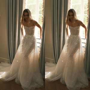 Sparkly Sequined Mermaid Wedding Dress Sexy Strapless Illusion Dubai Princess Sweep Train Bridal Gowns Robe De Soiree