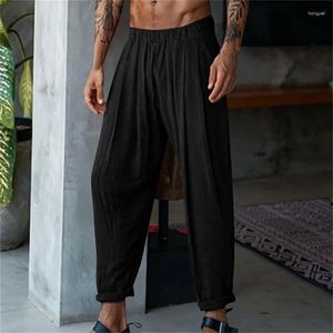 Calças masculinas algodão linho primavera outono moda respirável cor sólida casual conforto jogging fitness streetwear calças